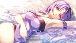  1girl armpits artist_name black_ribbon breasts commentary_request curtained_hair eiyuu_densetsu hair_ribbon kuro_no_kiseki_(series) kuro_no_kiseki_ii legs looking_at_viewer lying on_back one-piece_swimsuit open_mouth parted_bangs purple_hair renne_(eiyuu_densetsu) ribbon simple_background swimsuit thighs tinybiard yellow_eyes 