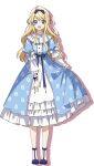 1girl :d anime_coloring blonde_hair blue_bow blue_dress blue_eyes blue_ribbon blue_shoes bow dot_nose dress drop_shadow floral_print floral_print_dress full_body hair_bow heroine?_seijo?_iie_all-works_maid_desu_(hokori)! highres holding_own_dress light_blush long_hair long_sidelocks looking_at_viewer luciana_rudleberg medium_dress official_art open_mouth pantyhose print_dress ribbon shoes sidelocks smile solo standing straight-on tachi-e transparent_background waist_ribbon white_wrist_cuffs wrist_cuffs 
