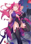  1girl ahoge black_choker black_leotard black_thighhighs bow choker city commentary_request dead_apostle_noel_(tsukihime) dress dress_bow falling_petals from_below grin hair_between_eyes hair_bow highres himuro_yukichiko holding holding_behind_back holding_polearm holding_polearm_behind_back holding_weapon holding_weapon_behind_back leg_lift leotard long_hair long_sidelocks looking_at_viewer mole mole_under_mouth night noel_(tsukihime) petals pink_bow polearm purple_dress red_eyes rose_petals sidelocks smile solo spear standing standing_on_one_leg thighhighs tsukihime tsukihime_(remake) vampire wavy_hair wavy_sidelocks weapon wind wind_lift 