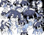  1boy biting_own_lip blue_theme blush chibi chibi_inset closed_eyes closed_mouth collared_shirt commentary_request crossed_bangs flower_symbol flying_sweatdrops furret gloves grin hair_between_eyes hairband hands_on_own_cheeks hands_on_own_face highres jacket kieran_(pokemon) long_sleeves male_focus mole mole_on_neck monochrome multiple_views natto_nigi open_mouth partially_fingerless_gloves pokemon pokemon_(creature) pokemon_scarlet_and_violet shaded_face shirt shorts simple_background sleeping smile speech_bubble sweat translation_request zzz 