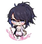  1girl absurdres belt black_coat black_hair blue_eyes blue_hair bokken chest_sarashi chibi coat glasses highres kson looking_at_viewer ma_draws mole mole_under_eye multicolored_coat multicolored_hair petal_print ponytail sarashi smile solo souchou split-color_clothes streaked_hair sword two-tone_coat virtual_youtuber vshojo weapon white_background white_coat wooden_sword 