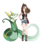  1girl absurdres bag baseball_cap black_boots black_vest blue_eyes blush boots breasts brown_hair closed_mouth commentary_request cutoffs denim denim_shorts exposed_pocket hand_on_own_hip hat high_ponytail highres hilda_(pokemon) korean_commentary long_hair looking_at_viewer naz_(hsae3838) open_clothes open_vest poke_ball_print pokemon pokemon_(creature) pokemon_black_and_white ponytail red_eyes serperior shirt shorts shoulder_bag sidelocks simple_background small_breasts smile vest white_shirt wristband 