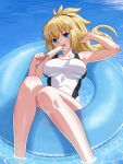  1girl absurdres armpits bare_arms bare_legs bare_shoulders blonde_hair blue_eyes blush breasts collarbone commentary competition_swimsuit covered_navel english_commentary fate/grand_order fate_(series) feet_out_of_frame food food_in_mouth hair_between_eyes hair_ribbon hand_up high_ponytail highleg highleg_one-piece_swimsuit highres holding holding_food holding_popsicle jeanne_d'arc_(fate) jeanne_d'arc_(swimsuit_archer)_(second_ascension)_(fate) knees_together_feet_apart knees_up large_breasts legs licking long_hair looking_at_viewer lostorder one-piece_swimsuit open_mouth outdoors partially_submerged ponytail popsicle popsicle_in_mouth ribbon sitting smile soaking_feet solo summer sweat swim_ring swimsuit tongue tongue_out very_long_hair wading water wet white_one-piece_swimsuit 