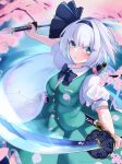  1girl black_bow black_bowtie black_hairband bow bow_hairband bowtie cherry_blossoms commentary_request dual_wielding green_skirt green_vest hairband highres holding holding_sword holding_weapon katana konpaku_youmu konpaku_youmu_(ghost) looking_at_viewer open_mouth poker_face1225 print_skirt print_vest puffy_short_sleeves puffy_sleeves sheath shirt short_sleeves skirt solo sword touhou vest weapon white_hair white_shirt youmu_day 