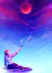  1girl bird closed_mouth cloud cloudy_sky commentary english_commentary freckles full_moon highres kyokugen_dasshutsu kyokugen_dasshutsu_adv:_zennin_shibou_desu long_skirt long_sleeves luna_(kyokugen_dasshutsu) moon on_ground orange_hair outstretched_arm purple_shirt purple_skirt red_moon second-party_source shinoot shirt short_hair signature sitting skirt sky vest white_vest 