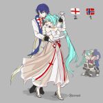 2026_fifa_world_cup 2boys 2girls absurdres angry commentary couple dancing dress england english_commentary english_flag english_flag_print english_miku english_national_soccer_team_uniform hatsune_miku highres kainao2006 kaito_(vocaloid) multiple_boys multiple_girls norwegian_flag norwegian_miku norwegian_national_soccer_team_uniform soccer_uniform sportswear vocaloid world_cup 
