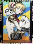  1girl 2024 aigis_(persona) android art_tools_in_frame blonde_hair blue_eyes bodysuit bow breasts commentary english_commentary from_side headphones highres large_breasts looking_at_viewer marker_(medium) persona persona_3 photo_(medium) red_bow robot_girl short_hair signature sitting solo stanley_lau traditional_media white_bodysuit 