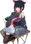  1girl absurdres against_table alternate_costume animal_ears bag bare_shoulders black_hair black_jacket black_one-piece_swimsuit black_pantyhose blue_archive blush bottle breasts cat_ears cat_girl colored_inner_animal_ears colored_inner_hair commentary_request covered_navel desk extra_ears halo highres jacket kazu_(kauk3753) kazusa_(blue_archive) long_sleeves looking_at_viewer multicolored_hair one-piece_swimsuit open_mouth pantyhose pink_hair pink_halo pink_one-piece_swimsuit pleated_skirt red_eyes school_bag school_desk short_hair skirt small_breasts solo sweatdrop swimsuit track_jacket two-tone_one-piece_swimsuit undressing water_bottle white_background white_skirt 