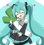  1girl :d ^_^ ahoge aqua_eyes aqua_hair aqua_necktie bare_shoulders blue_background blush closed_eyes collared_shirt commentary_request cowboy_shot detached_sleeves drop_shadow food grey_shirt hatsune_miku heart highres holding holding_food holding_spring_onion holding_vegetable leg_up long_hair necktie nukotun open_mouth shirt sleeveless sleeveless_shirt smile solo spring_onion twintails vegetable very_long_hair vocaloid 