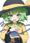  1girl black_hat blush bow collared_shirt commentary contrast_collar crossed_bangs disembodied_linked_eye dot_nose eyeball frilled_sleeves frills green_eyes green_hair green_nails hat hat_ribbon komeiji_koishi looking_at_viewer nail_polish open_mouth ribbon shirt short_hair simple_background smile solo split_mouth straight-on tomoshi_sora touhou upper_body white_background wide_sleeves yellow_bow yellow_ribbon yellow_shirt 
