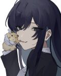  1girl :3 ado_(utaite) animal black_hair blu_(adosbery) blue_hair chando_(ado) colored_inner_hair commentary gloves hamster highres holding holding_animal logo looking_at_viewer multicolored_hair simple_background solo untranslatable_commentary upper_body white_background white_gloves 
