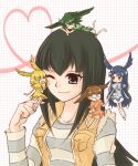 5girls blonde_hair blue_dress blue_hair brown_hair carly_nagisa commentary_request dress duel_monster fairy fortune_fairy_chee fortune_fairy_hikari fortune_fairy_hu fortune_fairy_swee green_dress green_hair head_wings heart long_hair multiple_girls one_eye_closed orange_dress poplovers shirt smile striped_clothes striped_shirt wings yellow_dress yu-gi-oh! yu-gi-oh!_5d's 