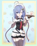  1girl :d ;d ahoge benito_(stella_sora) black_garter_straps blue_eyes blue_hair blush braid breasts brooch commentary cup detached_sleeves food frilled_headband garter_straps highres holding holding_tray index_finger_raised jewelry looking_at_viewer macaron maid_headdress necktie one_eye_closed open_mouth patterned_background red_necktie small_breasts smile solo stella_sora sugar_bowl teacup thighhighs tray tsukiminabe twin_braids zettai_ryouiki 