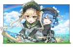  2girls bird_hat_ornament black_bow black_bowtie black_capelet black_flower black_hat black_rose blonde_hair blue_hair blue_skirt bonnet border bow bow_flower bowtie braid braided_hair_rings broom broom_riding capelet closed_eyes collared_shirt commentary_request deerstalker dress flower flying frilled_capelet frilled_dress frilled_skirt frilled_sleeves frills green_bonnet green_eyes hair_bow hair_flower hair_ornament hair_rings hat hat_bow highres korean_commentary lolita_fashion long_hair long_sleeves mahou_shoujo_no_majo_saiban multiple_girls open_mouth plaid_clothes plaid_skirt rainbow rose shirt short_hair skirt sky smile sol_phi_0721 spoilers tachibana_sherry tono_hanna twintails white_border white_flower white_rose wide_sleeves winged_hat yellow_flower yellow_rose yuri 