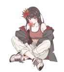  1girl absurdres alternate_costume bare_shoulders black_hair black_jacket blowing_bubble_gum chewing_gum chinese_commentary collarbone commentary_request crossed_legs crown flower full_body hair_flower hair_ornament highres jacket jacket_partially_removed long_hair long_sleeves looking_at_viewer mahou_shoujo_no_majo_saiban midriff mini_crown nikaido_hiro pants puffy_sleeves red_eyes red_flower red_sports_bra shoes simple_background solo sports_bra superbigneet white_background white_pants white_shoes 