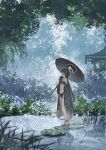  1girl architecture bare_shoulders bikini black_bikini black_hair black_robe blue_archive braid braid_over_shoulder bush collarbone commentary east_asian_architecture full_body grey_eyes grey_halo halo highres holding holding_umbrella kisaki_(blue_archive) kisaki_(swimsuit)_(blue_archive) lake makai_no_juumin navel official_alternate_costume oil-paper_umbrella open_clothes open_robe outdoors purple-tinted_eyewear rain robe sandals side_braid single_braid solo sunglasses swimsuit tinted_eyewear toes tree twintails umbrella 