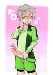  1boy bar_censor bike_shorts bike_shorts_under_shorts blush border censored clenched_hand commentary_request cowboy_shot cr-r dated dorsiflexion_(wrist) erection gradient_background green_jacket green_shorts grey_eyes grey_hair hand_on_own_crotch hand_up heart jacket large_penis long_sleeves male_focus mars_symbol open_clothes open_jacket open_mouth outside_border penis penis_out pink_background short_hair shorts sidelocks signature smile solo standing totsuka_saika track_jacket trap turning_head veins veiny_penis white_border yahari_ore_no_seishun_lovecome_wa_machigatteiru. 