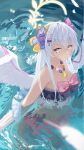  1girl angel_wings azusa_(blue_archive) azusa_(swimsuit)_(blue_archive) bikini blue_archive bow breasts commentary feathered_wings flower hair_between_eyes hair_flower hair_ornament halo highres long_hair looking_at_viewer official_alternate_costume partially_submerged purple_eyes purple_flower solo swimsuit veeluna white_hair white_wings wings yellow_halo 