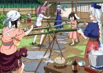  6+girls animal_ears bamboo bamboo_forest bamboo_print black_hair blue_dress bow carrot carrot_necklace commentary_request constellation constellation_print cooking dress floppy_ears food forest fujiwara_no_mokou hair_bow hat houraisan_kaguya inaba_tewi inuno_rakugaki jewelry kamishirasawa_keine long_hair long_skirt multicolored_dress multiple_girls nagashi_soumen nature necklace necktie noodles nurse_cap ofuda ofuda_on_clothes pants pink_skirt purple_hair rabbit_ears rabbit_girl rabbit_tail red_eyes red_pants reisen_udongein_inaba skirt suspenders tail touhou white_hair wide_sleeves yagokoro_eirin 