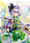  1girl ahoge alternate_costume black_hairband breasts closed_mouth commentary_request glint green_kimono grey_eyes grey_hair hairband highres hitodama holding holding_sheath holding_sword holding_weapon japanese_clothes katana kazu_(pixiv_73870096) kimono konpaku_youmu konpaku_youmu_(ghost) leaf_print long_sleeves looking_at_viewer maple_leaf_print medium_hair print_kimono sheath small_breasts solo sword touhou traditional_media unsheathing watermark weapon wide_sleeves 