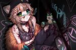  1girl absurdres animal_ears beanie belt black_collar black_hat black_tank_top blood blood_on_clothes blood_on_face blue_jacket blue_wings brown_hair cindrr closed_mouth collar detached_wings eye_print ferret ferret_ears ferret_girl ferret_tail fishnets graffiti green-tinted_eyewear green_eyes hair_ornament hat heart heart-shaped_eyewear heart_hair_ornament heterochromia highres indie_virtual_youtuber jacket multicolored_hair orange-tinted_eyewear orange_hair pants short_hair sidelocks smitten_seraph solo streaked_hair sweatpants tank_top tinted_eyewear torn_clothes torn_pants virtual_youtuber wings x_hair_ornament 