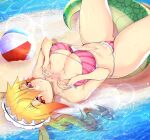  1girl ball beach beachball bikini blonde_hair blush breasts closed_mouth cloud collarbone colored_tips commentary darkmoney day dragon_girl dragon_horns frilled_bikini frills gradient_hair highres horns kobayashi-san_chi_no_maidragon large_breasts long_hair looking_at_viewer lying maid_headdress midriff multicolored_hair navel ocean on_back orange_hair outdoors sand sidelocks slit_pupils smile solo swimsuit tohru_(maidragon) twintails umbrella water 