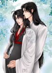  2boys ahoge alternate_costume alternate_hairstyle artist_name big_belly bishounen black_hair black_hanfu borrowed_clothes bottomyllz chinese_clothes closed_eyes closed_mouth coat couple english_commentary eyelashes grandmaster_of_demonic_cultivation grey_eyes hands_on_another's_hands hands_on_another's_stomach hands_on_own_stomach hanfu height_difference highres hug hug_from_behind kissing_ear lan_wangji leaf light_particles long_hair long_sleeves low-tied_long_hair male_focus male_pregnancy multiple_boys open_clothes open_coat outdoors parted_lips pregnant realistic red_sash robe sash sidelocks smile standing tree upper_body very_long_hair watermark wei_wuxian white_coat white_hanfu wide_sleeves yaoi 