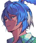  1boy animal_ears blue_hair deep_blue_(ff14) feather_hair_ornament feathers final_fantasy final_fantasy_xiv from_below green_eyes hair_ornament headshot highres looking_at_viewer looking_down male_focus open_mouth rabbit_ears shirt short_hair smile solo tab1et viera white_background 
