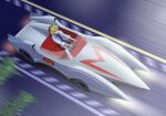  1girl akagi_ritsuko blonde_hair car commentary_request crossover driving lab_coat mach_5 mach_go_go_go mash-777 motor_vehicle neon_genesis_evangelion race_vehicle racecar sitting solo sports_car steering_wheel 