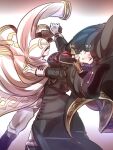  1boy 1other ? ?? black_cape blush brown_gloves cape commentary_request dancing facing_another fire_emblem fire_emblem:_thracia_776 fire_emblem_heroes gloves hand_on_another's_shoulder holding_hands looking_up male_focus monsuke_(monban) official_alternate_costume pants reinhardt_(fire_emblem) reinhardt_(soiree)_(fire_emblem) smile sweat white_cape white_gloves white_pants 