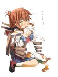  1girl animal blue_sailor_collar blush brown_hair brown_shoes cat commentary_request flying_sweatdrops folded_ponytail hair_between_eyes holding holding_animal holding_cat inazuma_(kancolle) kantai_collection loafers long_sleeves mutton open_mouth orange_eyes rigging sailor_collar school_uniform serafuku shoes simple_background sitting skirt socks solo sweat translation_request white_background white_socks 