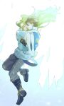  1boy 1girl absurdres barefoot black_gloves blue_dress blue_jacket blush boots broken_glass brown_eyes brown_hair carrying carrying_person closed_mouth crying crying_with_eyes_open dress eiyuu_densetsu falling fingerless_gloves floating_hair full_body glass gloves green_hair grey_boots grey_pants hand_on_another's_shoulder happy happy_tears high_collar highres jacket kea_(eiyuu_densetsu) lloyd_bannings long_hair looking_at_another looking_down macha_(macha3635toa) midair open_mouth pants princess_carry short_hair short_sleeves sidelocks smile strap tears three-quarter_sleeves very_long_hair white_background yellow_eyes zero_no_kiseki 