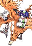  1boy 2girls absurdres aegiomon animal_legs asymmetrical_legwear bandana bandana_around_neck bare_shoulders bird birdramon black_vest blue_eyes blue_hair blue_skirt body_markings bow breasts brown_fur chest_jewel commentary_request digimon digimon_(creature) digimon_story:_time_stranger dress eikenkobayashi elbow_gloves facial_mark fiery_wings floating_island flying garter_belt gears gloves goat_boy goat_horns goggles goggles_on_head green_dress green_hat grey_hair gun hat headband highres holding holding_gun holding_weapon horns jacket kneeling large_breasts loincloth long_hair misono_inori motion_lines multiple_girls no_shirt outdoors pan_flute pantyhose pelvic_curtain pleated_skirt pointy_ears red_scarf riding_digimon satyr scarf short_dress short_hair skirt sleeveless sleeveless_dress speed_lines squatting talons thighhighs tree two-tone_dress vest weapon white_dress white_gloves white_jacket white_thighhighs wings yellow_bow yellow_headband yuuki_kanan 