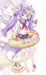  1girl absurdres ahoge barefoot blue_eyes blue_sailor_collar blue_skirt bow bowtie bracelet commentary_request cone_hair_bun cropped_shirt double_bun fang fox_girl fox_tail full_body goggles goggles_on_head hair_bun hair_ornament hair_ribbon heterochromia highres inari_(tenko_shibuki) innertube jewelry korean_commentary long_hair navel neckerchief open_mouth pleated_skirt pom_pom_(clothes) pom_pom_hair_ornament prock purple_hair red_bow red_bowtie red_neckerchief ribbon sailor_collar sailor_shirt shirt simple_background skin_fang skirt sleeveless sleeveless_shirt starfish_hair_ornament stellive swim_goggles swim_ring tail tenko_shibuki twintails very_long_hair virtual_youtuber white_background white_ribbon white_shirt x_hair_ornament yellow_eyes zoom_layer 