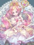  1girl adapted_costume aqua_eyes ascot blonde_hair border bow bow_choker bowtie choker closed_mouth collarbone commentary cowboy_shot cure_flora cure_flora_(grand_princess) dress earrings flower flower_earrings frilled_sleeves frills gloves go!_princess_precure gold_tiara grey_border hair_bun half-closed_eyes half_updo happy haruno_haruka heart heart_wand highres holding holding_staff jewelry lace-trimmed_dress lace_background lace_trim light_particles light_smile lipstick long_hair looking_at_viewer magical_girl makeup multicolored_hair neck_flower pink_bow pink_bowtie pink_flower pink_hair pink_lips pleated_dress precure puffy_short_sleeves puffy_sleeves short_dress short_sleeves single_hair_bun solo square_neckline staff standing two-tone_hair very_long_hair wavy_hair white_ascot white_background white_bow white_choker white_dress white_gloves wrist_bow wrist_flower yomo_gigyoza 