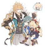  +++ 0l0za4 2boys 2girls ahoge aqua_hair armor bag black_bow black_gloves black_jacket black_shirt blonde_hair blue_cape blue_eyes blue_gloves blue_shirt blue_vest bodysuit boots bow brown_bag brown_boots cape carrying child closed_eyes clover_print collared_shirt commentary_request cowboy_shot dodoco_(genshin_impact) dress empty_eyes fingerless_gloves fur-trimmed_vest fur_trim genshin_impact gloves gold_armor grey_pants hair_between_eyes hair_bow hand_on_own_head hand_on_own_hip hand_up hands_on_another's_shoulders hat hat_feather hat_ornament high_ponytail highres jacket jean_(genshin_impact) jean_(sea_breeze_dandelion)_(genshin_impact) klee_(genshin_impact) lapels laughing lohen_(genshin_impact) long_hair long_sleeves looking_at_another low_twintails mole mole_under_eye multiple_boys multiple_girls open_clothes open_jacket open_mouth open_vest pants peaked_cap piggyback pointy_ears ponytail puffy_long_sleeves puffy_sleeves purple_pupils red_dress red_hat scar scar_on_face shaded_face shirt short_hair shoulder_armor sidelocks simple_background sleeping smile socks speech_bubble spoken_character squiggle standing teeth thigh_strap tongue twintails two-tone_dress v-shaped_eyebrows varka_(genshin_impact) vest wavy_hair white_background white_bodysuit white_dress white_pants white_socks 