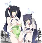  2girls animal_bag animal_ear_fluff animal_ears bikini black_bikini black_hair blue_archive blue_halo blush breasts commentary cosplay costume_switch dual_persona floral_print floral_print_bikini flower_hairclip green_eyes green_one-piece_swimsuit grey_sarong groin hair_bobbles hair_ornament halo highres large_breasts long_hair looking_at_viewer multiple_girls navel nikuya_(nikuniku_nikuya) official_alternate_costume official_alternate_hairstyle one-piece_swimsuit open_mouth polka_dot_one-piece_swimsuit ponytail print_bikini sarong self_cosplay shun_(blue_archive) shun_(small)_(blue_archive) shun_(small)_(swimsuit)_(blue_archive) shun_(swimsuit)_(blue_archive) smile strapless strapless_bikini swimsuit tiger_ears tiger_girl twintails very_long_hair 