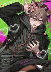  1boy animal_ears black_coat black_pants brown_hair coat commentary_request danganronpa:_trigger_happy_havoc danganronpa_(series) double-parted_bangs green_background green_eyes hair_between_eyes heart highres hood hood_down hooded_jacket jacket kemonomimi_mode layered_sleeves long_sleeves looking_to_the_side male_focus naegi_makoto open_clothes open_coat open_mouth pants paw_print sideways_glance solo sonomi sweat tail twitter_username watermark zipper zipper_pull_tab 