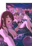  4girls :3 :o absurdres akane_lize arahashi_tabi bikini black_choker black_hair blue_hair blue_sky border bow breasts brooch bubble choker cleavage closed_mouth colored_inner_hair commentary cross cross_earrings ear_chain ear_piercing earrings eyewear_on_head fingernails flamingo_innertube gem grey_hair hair_bow hatonaru525 highleg highleg_bikini highres innertube jewelry large_breasts linked_piercing long_hair looking_at_viewer looking_to_the_side medium_breasts multicolored_hair multiple_girls nail_polish navel neneko_mashiro night on_innertube outdoors outside_border palm_tree parted_lips piercing pink_nails ponytail pool red_bow red_eyes red_gem red_hair selfie shirayuki_hina short_hair sky smile star_(sky) starry_sky stellive stomach straight_hair streaked_hair string_of_light_bulbs swim_ring swimsuit tree turning_head twintails v virtual_youtuber water white_bikini white_border 