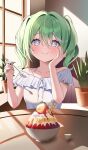  +_+ 1girl absurdres blue_eyes closed_mouth collarbone commentary eating food frilled_shirt frills fruit green_hair green_nails hanabi_(minjo_0220) hand_on_own_chest highres holding holding_spoon ice_cream indoors multicolored_hair nail_polish off-shoulder_shirt off_shoulder plant potted_plant shirt sleeveless sleeveless_shirt solo spoon stellive strawberry streaked_hair sundae sunlight table twintails upper_body virtual_youtuber white_hair white_shirt window window_shadow yuzuha_riko 