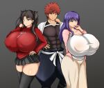  1boy 2girls alternate_breast_size_(larger) black_hair black_haori black_thighhighs blue_eyes breasts commentary_request covered_abs dress emiya_shirou fate/grand_order fate/stay_night fate_(series) hair_ribbon haori harem highres huge_breasts igote japanese_clothes long_hair long_sleeves looking_at_viewer masa_25 matou_sakura multiple_girls nagatekkou orange_hair purple_eyes purple_hair red_hair red_ribbon red_sweater ribbon rope shimenawa short_hair siblings sisters skirt smile sweater thighhighs tohsaka_rin toned toned_male twintails two_side_up upper_body wide_sleeves yellow_eyes zettai_ryouiki 