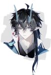  1boy ahoge aqua_eyes black_hair bright_pupils chinese_clothes clooudpie collared_jacket colored_inner_hair commentary dan_feng_(honkai:_star_rail) dan_heng_(honkai:_star_rail) dan_heng_(imbibitor_lunae)_(honkai:_star_rail) dragon_boy dragon_horns earrings eastern_dragon_horns eyeliner hair_between_eyes highres honkai:_star_rail honkai_(series) horns jacket jewelry long_hair makeup male_focus multicolored_hair pointy_ears red_eyeliner simple_background single_earring untranslatable_commentary 