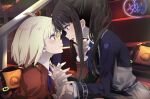  2girls black_hair blonde_hair blue_dress closed_mouth commentary dress eye_contact hand_on_another's_chin highres holding_hands indoors inoue_takina interlocked_fingers long_hair looking_at_another lycoris_recoil multiple_girls nishikigi_chisato open_mouth orange_eyes ponytail purple_eyes red_dress sengoku_chidori short_hair smile yuri 