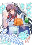  1girl absurdres apron black_hair blue_dress blue_hair blueberry bow bowtie breasts colored_inner_hair commentary_request cup dress drinking_glass eyeliner fate/grand_order fate_(series) food frills fruit grey_eyes grin hair_ornament highres hitsujiumi long_hair looking_at_viewer maid_headdress makeup multicolored_hair pancake pancake_stack puffy_short_sleeves puffy_sleeves short_sleeves sidelocks small_breasts smile solo strawberry tenochtitlan_(fate) tenochtitlan_(fgo_fes._2026)_(fate) tray white_apron wrist_cuffs 