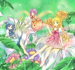  :d amemiya_ruki barefoot blonde_hair blue_hair dress fairy fairy_wings flower green_eyes hair_ribbon long_hair minigirl multiple_girls on_flower open_mouth orange_eyes original pink_hair pointy_ears purple_eyes ribbon sitting smile wings 