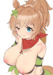 1girl absurdres animal_ears armband artist_name bad_link bandana bandeau bare_shoulders blue_eyes blush breasts cleavage closed_mouth cowboy_hat dated green_armband green_skirt hair_ornament hat hat_on_back highres horse_ears horse_girl horse_tail large_breasts long_hair looking_at_viewer nipples one_eye_closed ponytail red_bandana ruinone sheriff_badge skirt smile solo star_(symbol) star_hair_ornament taiki_shuttle_(umamusume) taiki_shuttle_(wild_frontier)_(umamusume) tail twitter_username umamusume 