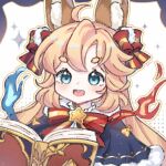  1girl animal_ear_fluff animal_ears black_capelet blonde_hair blue_eyes book bow brooch capelet commentary fire frilled_shirt_collar frills fur-trimmed_capelet fur_trim girls_x_battle girls_x_battle_2 gold_trim grimoire hair_bow halftone jewelry long_hair magic portrait red_bow round_teeth short_eyebrows sparkle squirrel_ears squirrel_girl star_brooch tareme teeth thick_eyebrows two-tone_bow upper_teeth_only valeera_(girls_x_battle) yellow_bow yetta_(yettasacc) 