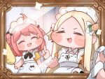  2girls :3 :d ^_^ ahoge apron black_bow blonde_hair blush_stickers bow chibi chibi_only closed_eyes cocokawa_(cjsj8353) commentary crepe_(trickcal) dress duster green_bow hair_bow highres holding holding_duster long_hair maid maid_headdress multiple_girls open_mouth orange_dress pink_hair short_hair short_sleeves smile speaki_(trickcal) thick_eyebrows trickcal two_side_up untranslatable_commentary upper_body white_apron wrist_cuffs yellow_dress 