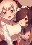  2girls animal_ears blush bow breasts brown_dress brown_hair casual collared_dress commentary_request curren_chan_(casual)_(umamusume) curren_chan_(umamusume) dress ear_bow ear_covers flipped_hair grey_hair grey_hairband hair_over_one_eye hairband heart heart_necklace horse_ears horse_girl horse_tail jewelry long_hair long_sleeves looking_at_viewer medium_breasts multiple_girls necklace open_mouth purple_eyes red_bow red_skirt ribbon rice_shower_(casual)_(umamusume) rice_shower_(umamusume) see-through_clothes see-through_sleeves shirt short_hair skirt small_breasts smile sweater tail teeth umamusume upper_teeth_only white_hairband white_sweater wosiwosi 