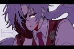  1boy artist_name biting_own_lip blood blood_on_hand blue_eyes collared_shirt commentary_request gloves grey_hair hand_on_own_face heterochromia letterboxed limbus_company long_hair looking_to_the_side low_ponytail lucio_(project_moon) male_focus necktie ponytail project_moon purple_eyes red_gloves red_necktie red_vest shirt simple_background solo sweat twitter_username vest white_background white_shirt wing_collar yuhan_company12 